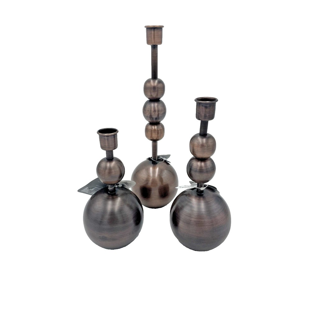 NWT Karma Gifts Set of 3 Orb‎ Ball Taper Candlestick Holders Brown Metal NEW